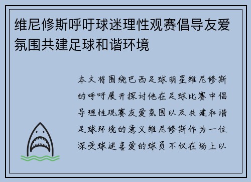 维尼修斯呼吁球迷理性观赛倡导友爱氛围共建足球和谐环境
